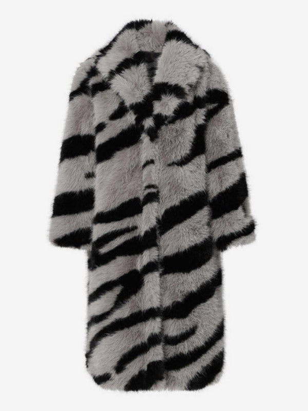 Zebra Print Faux Fur Coat Turndown Collar Oversized Eco-friendly Long Jacket For Women 2026