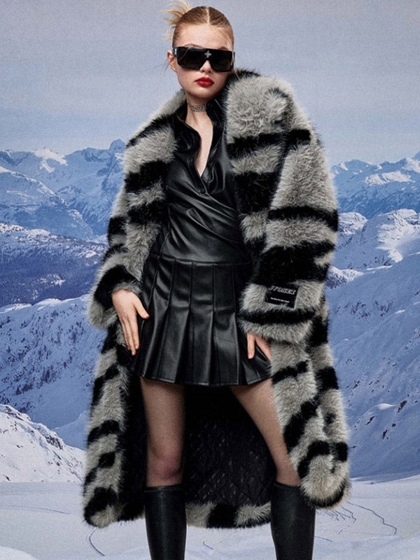 Zebra Print Faux Fur Coat Turndown Collar Oversized Eco-friendly Long Jacket For Women 2026