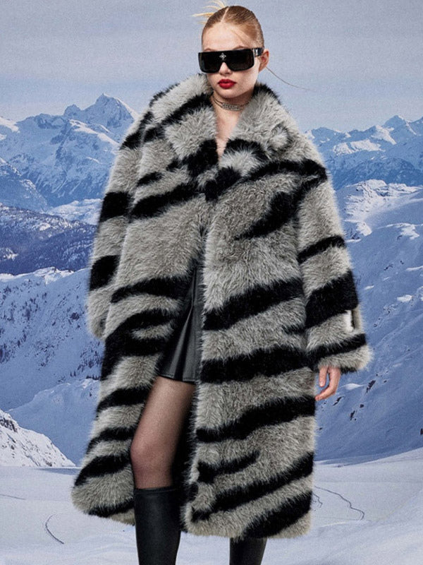 Zebra Print Faux Fur Coat Turndown Collar Oversized Eco-friendly Long Jacket For Women 2026