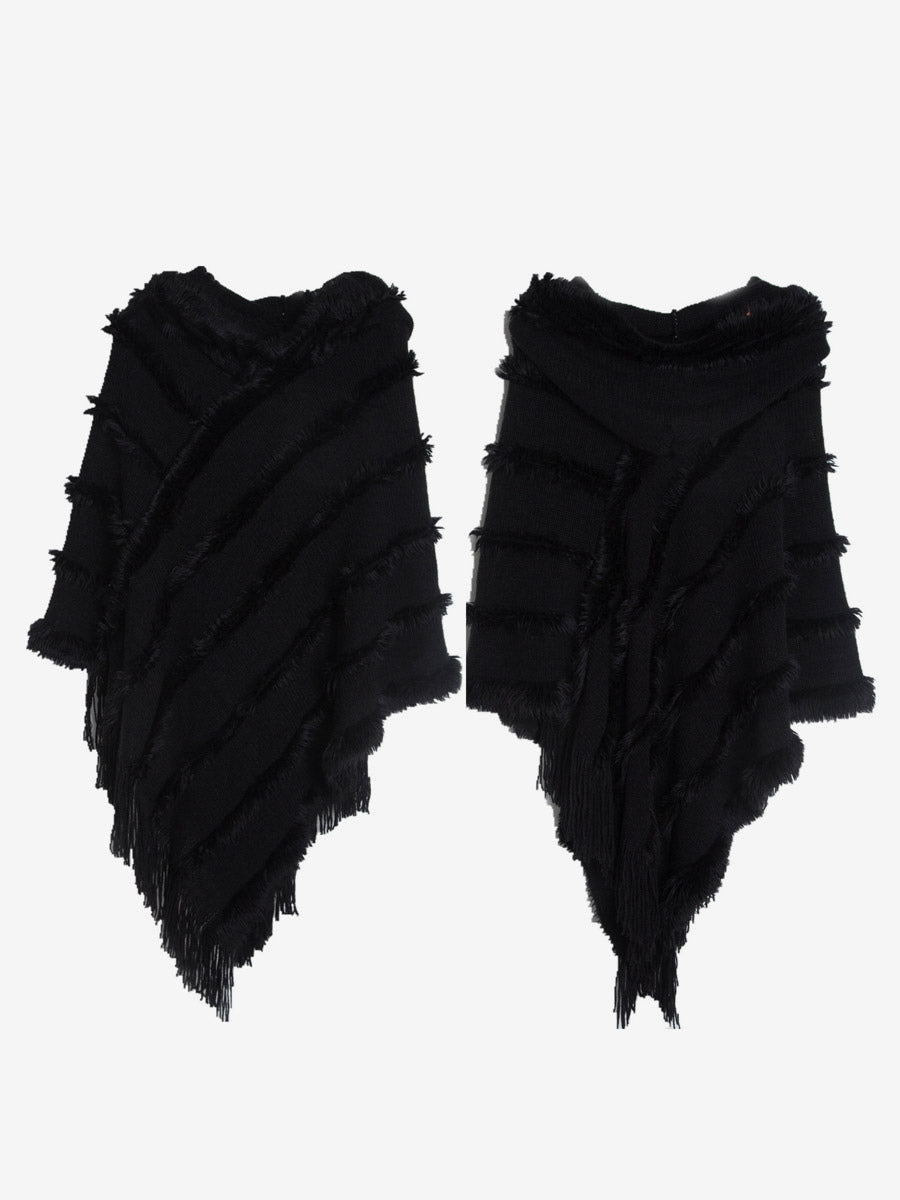 Women Poncho Hooded Green Oversized Fringe Cape