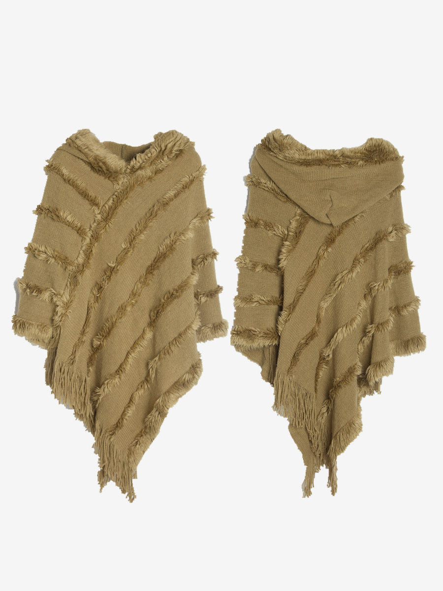 Women Poncho Hooded Green Oversized Fringe Cape