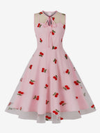 Embroidered Dress Round Neck Sleeveless Lace Up Retro Glamour Dresses