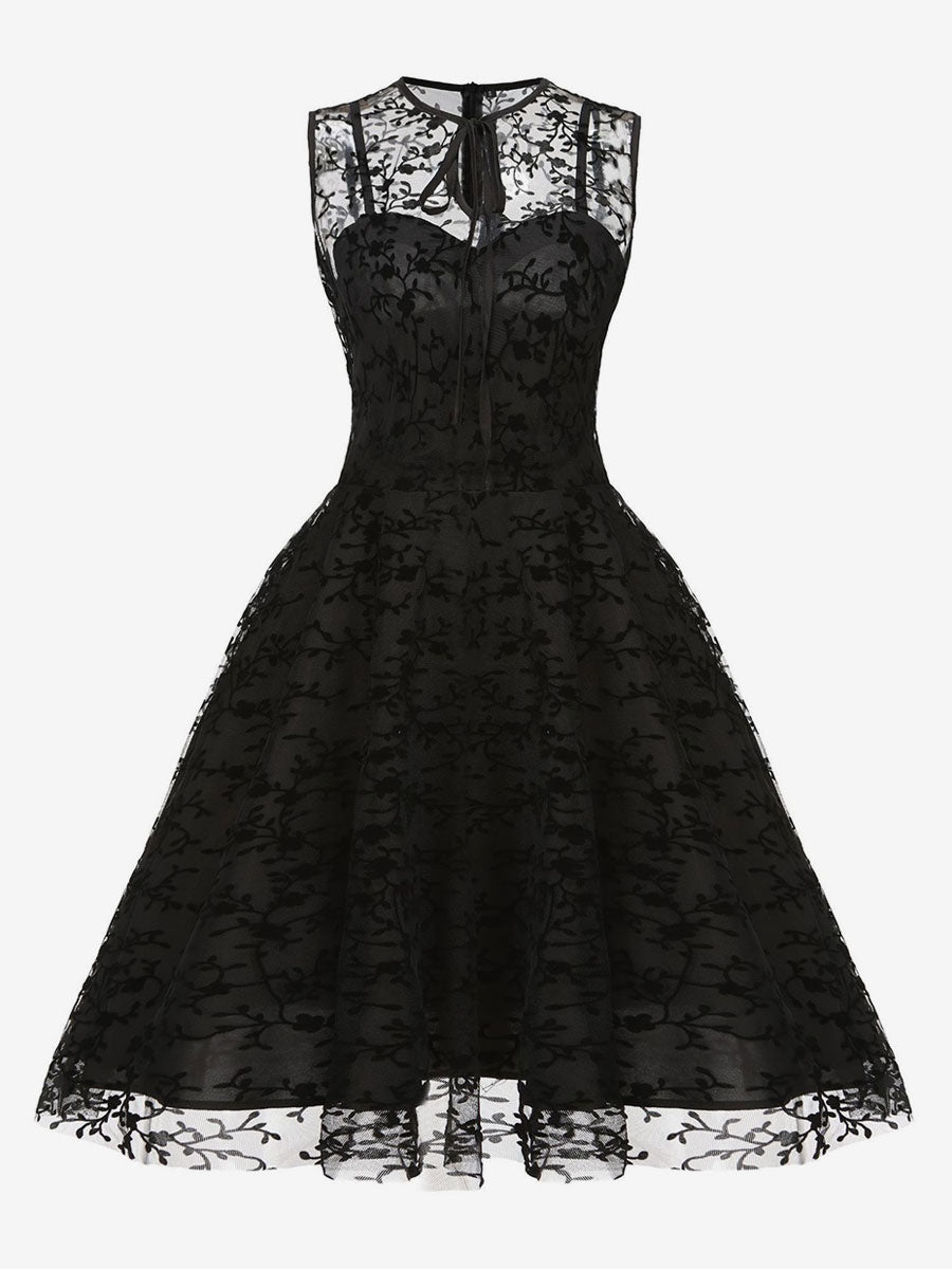 Embroidered Dress Round Neck Sleeveless Lace Up Retro Glamour Dresses