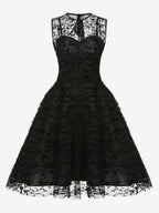 Embroidered Dress Round Neck Sleeveless Lace Up Retro Glamour Dresses