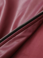 PU Leather Jacket Turndown Collar Long Sleeves Zipper Women's Jacket In Burgundy