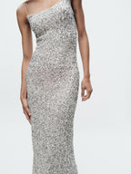 Sequin Scoop Neck Spaghetti Strap Column Midi Dress