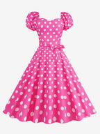 Retro Glamour Dress Sweetheart Neck Puff Sleeves Polka Dots Casual Long Dresses