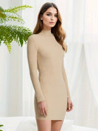 Knitted Bodycon Dress Mock Neck Long Sleeves Casual Sheath Mini Dresses