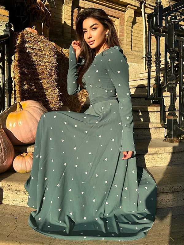 Triangle Printed Dress Round Neck Long Sleeves Casual Maxi Dresses
