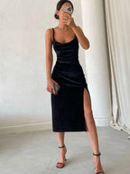 Velvet Cowl Neck Spaghetti Strap High Slit Bodycon Maxi Dress