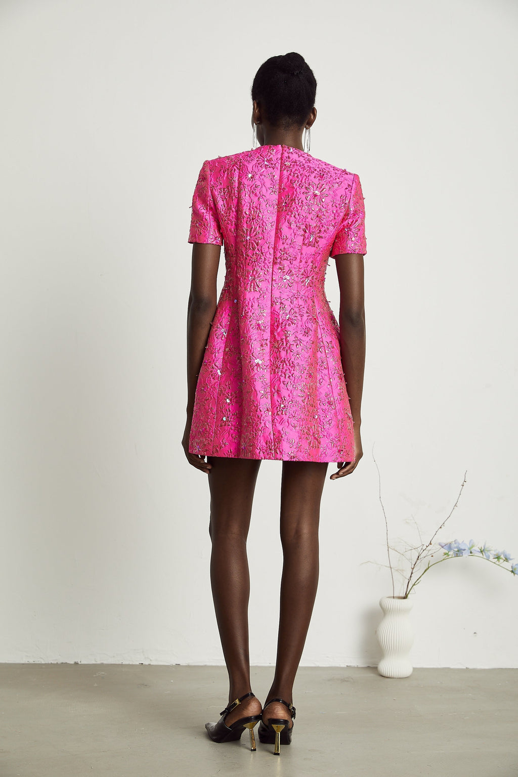 Celestia Floral-Appliqué Embellished Mini Dress in Pink