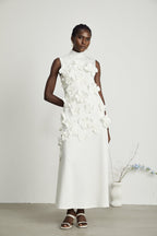 Magali White Sleeveless Maxi Dress with Faux Flower & Bow-Tie Embellishment