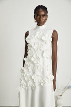 Magali White Sleeveless Maxi Dress with Faux Flower & Bow-Tie Embellishment