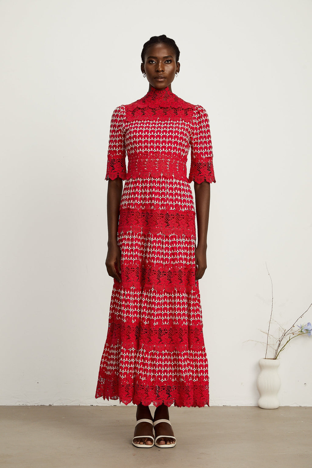Chantal red scallop-pattern lace-panel maxi dress