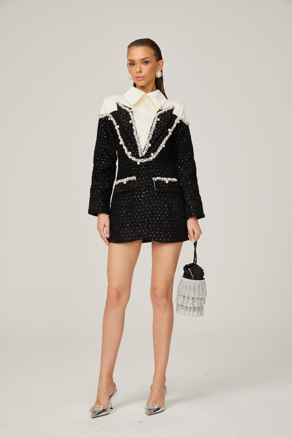 _léonore faux-pearl tweed mini dress