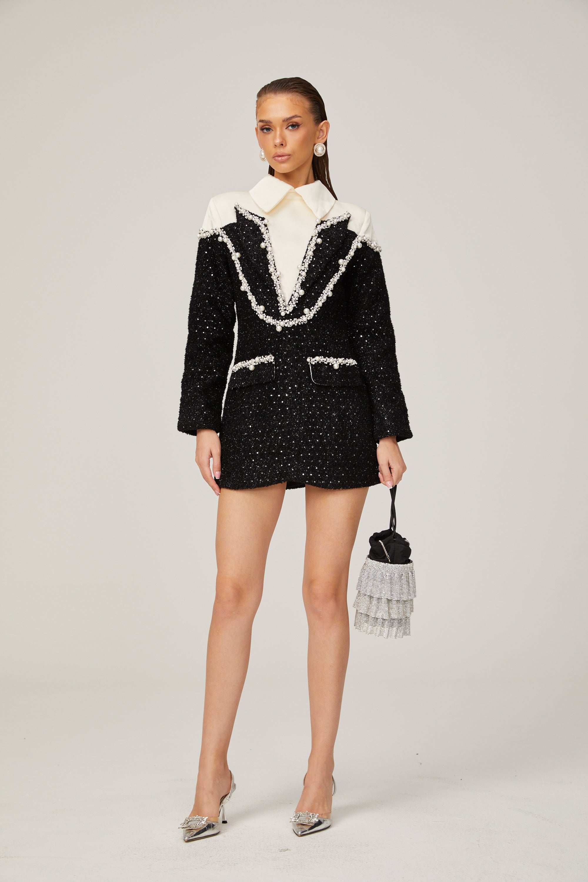 _léonore faux-pearl tweed mini dress