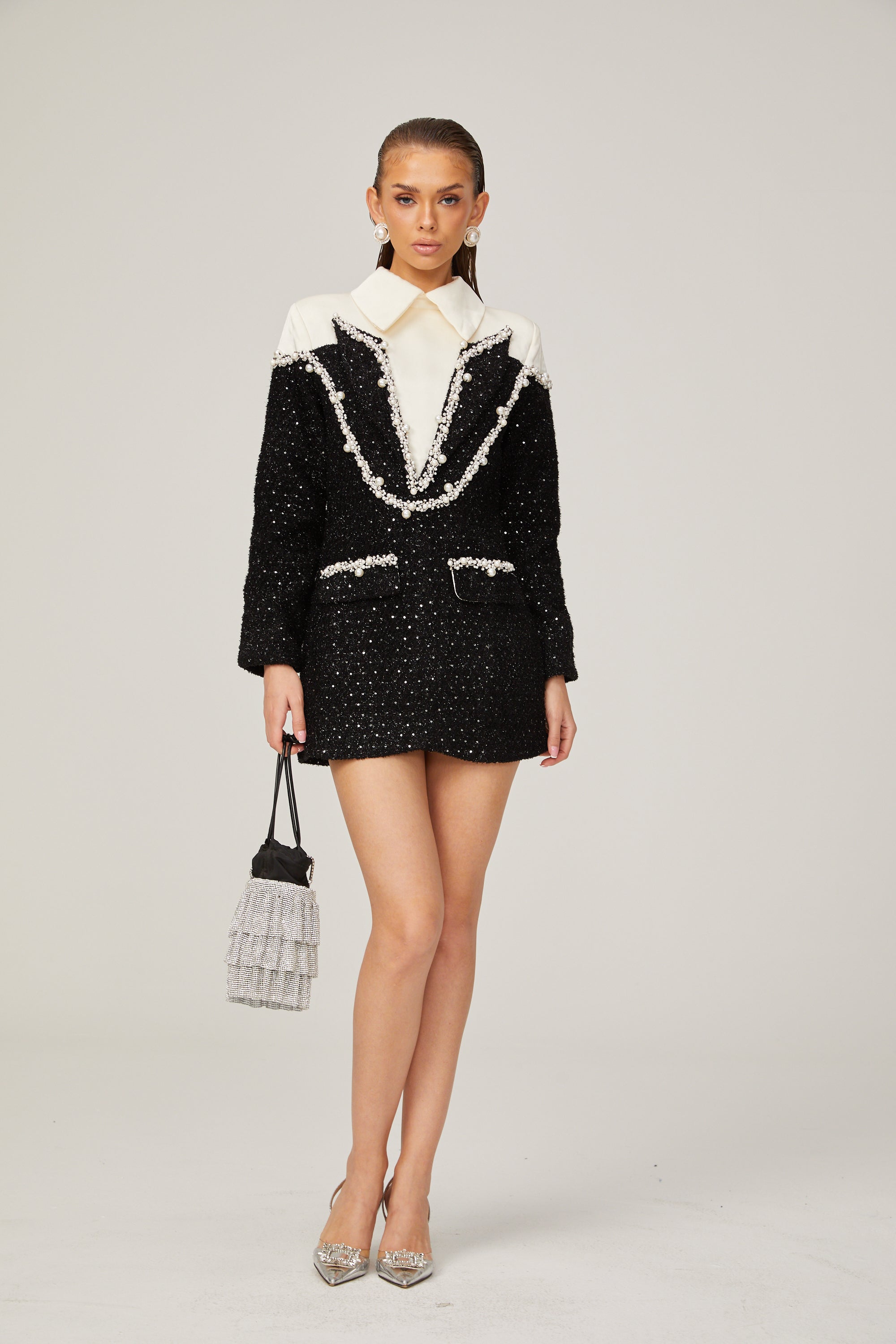 _léonore faux-pearl tweed mini dress