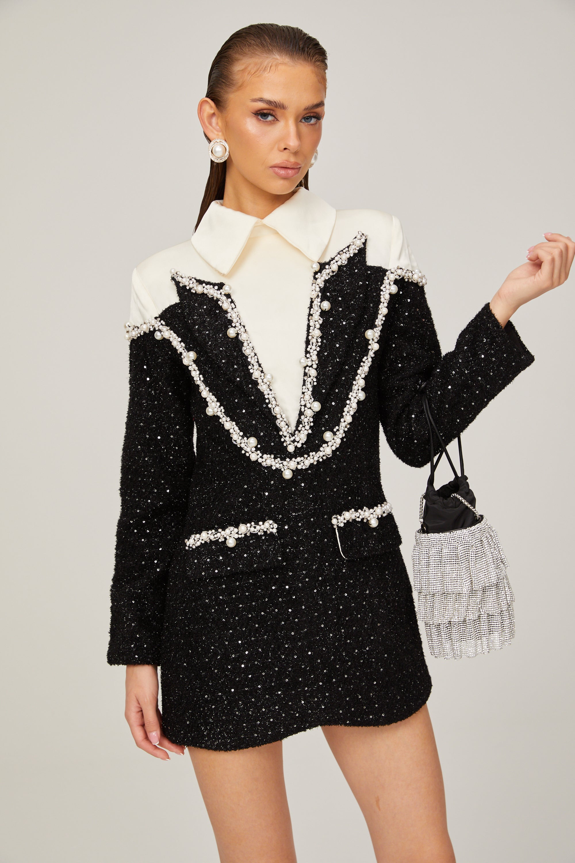 _léonore faux-pearl tweed mini dress