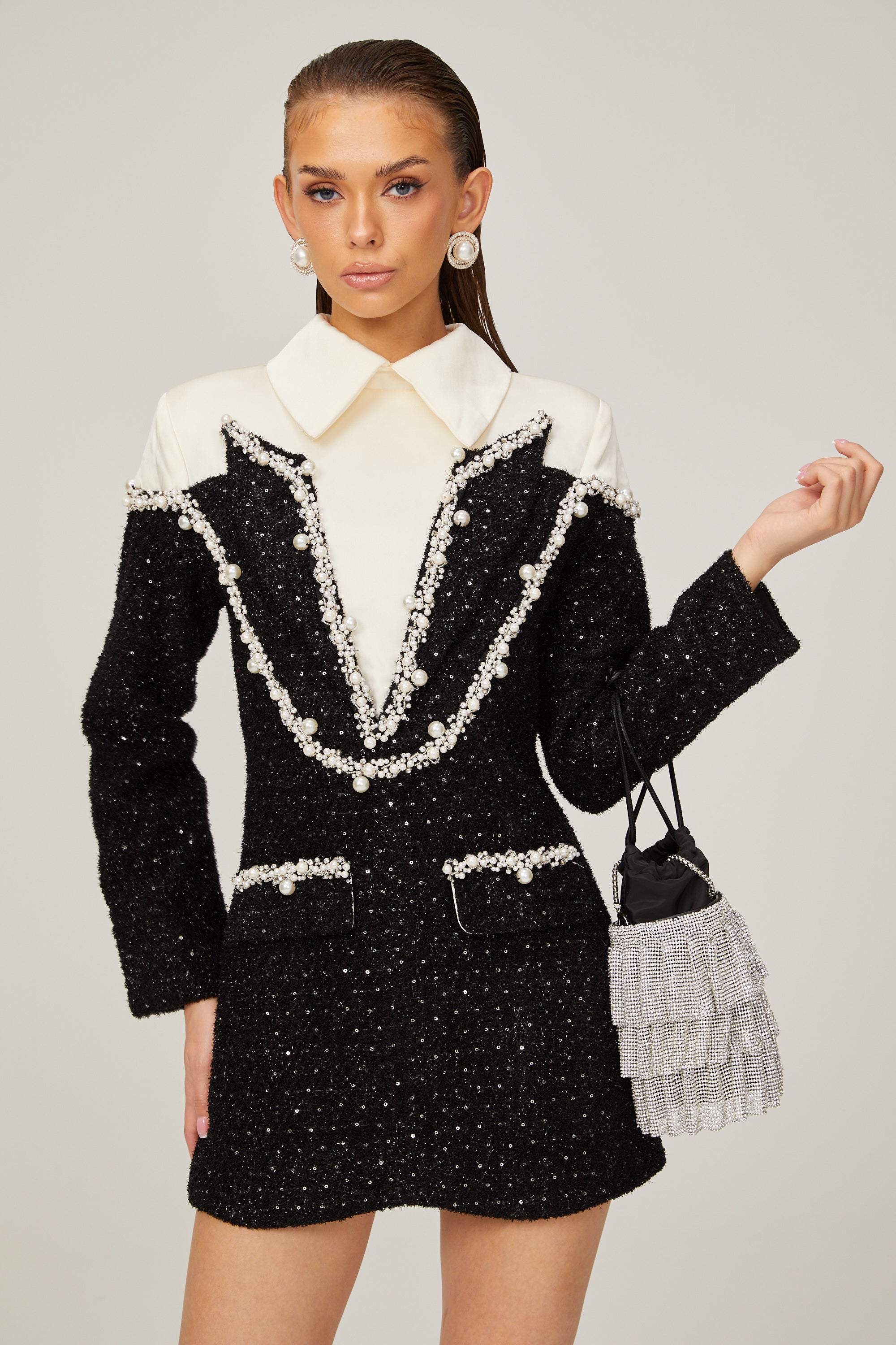 _léonore faux-pearl tweed mini dress