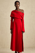 Valentine Red Pleated Maxi Dress with High Slit