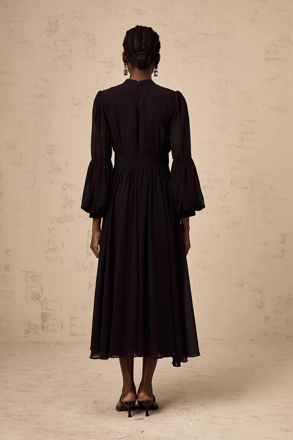 Viviane black pleated button-front midi dress
