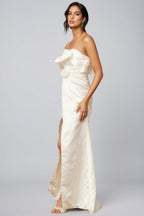 Jiusi White Floral Appliqued Satin Maxi Dress