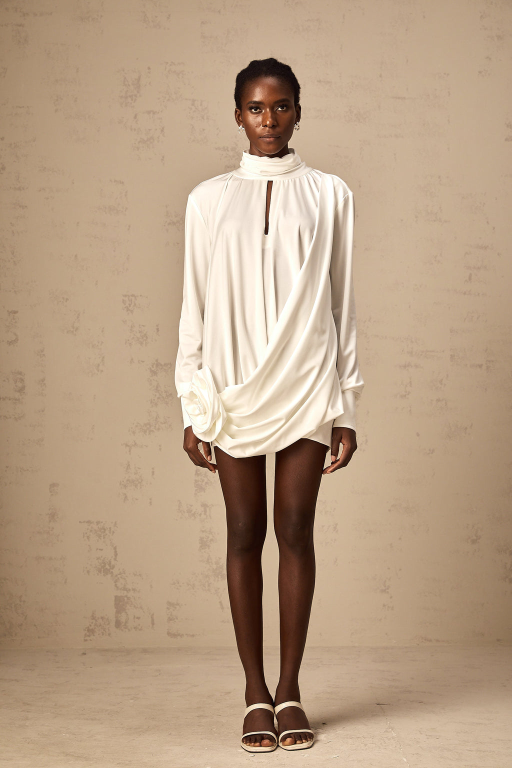 Maeva faux-flower ruched mini dress in White