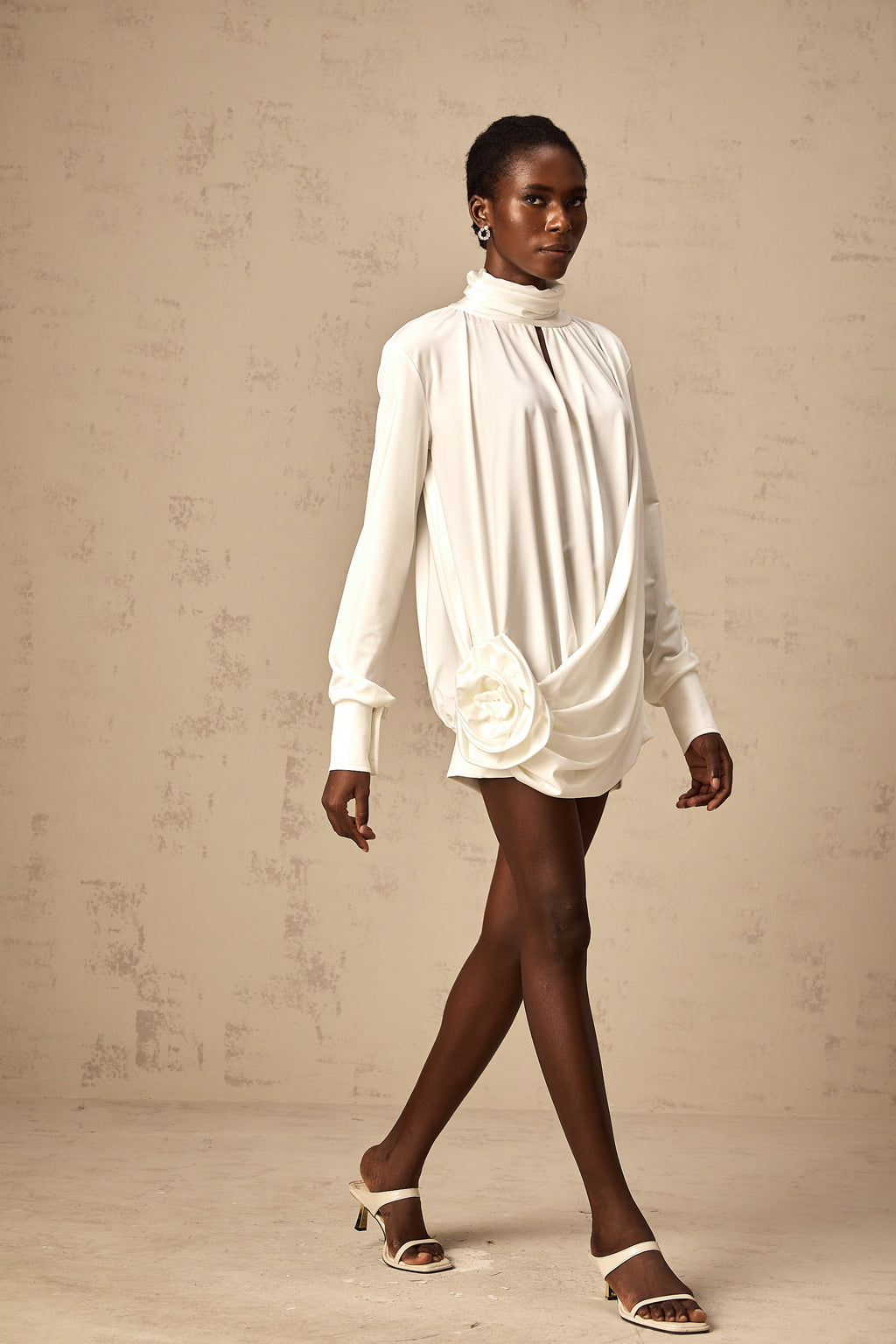 Maeva faux-flower ruched mini dress in White
