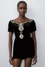 Ivy Black Velvet Embellished Mini Dress