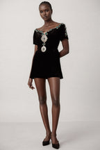Ivy Black Velvet Embellished Mini Dress