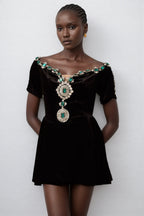 Ivy Black Velvet Embellished Mini Dress