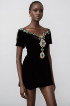 Ivy Black Velvet Embellished Mini Dress