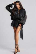 Camellia Black Pleated Ruffle Mini Dress