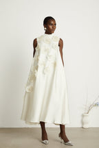 _milie sleeveless floral-applique midi dress in White