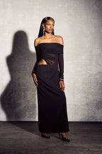 Off Shoulder Mesh Panel Waist Cut Out Column Maxi Dress