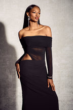 Off Shoulder Mesh Panel Waist Cut Out Column Maxi Dress