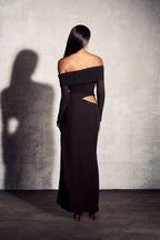 Off Shoulder Mesh Panel Waist Cut Out Column Maxi Dress