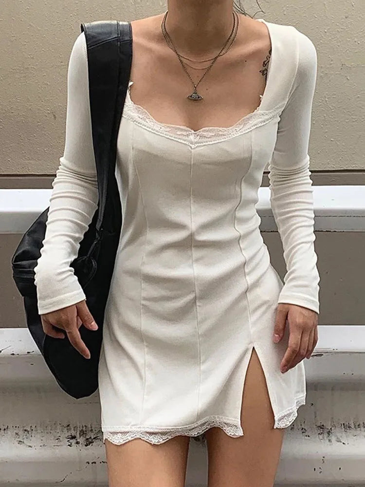 Lace Trim Sweetheart Neck Long Sleeve Bodycon Side Slit Mini Dress