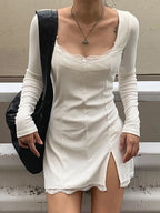 Lace Trim Sweetheart Neck Long Sleeve Bodycon Side Slit Mini Dress