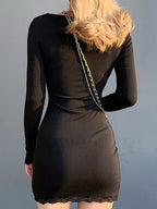 Lace Trim Sweetheart Neck Long Sleeve Bodycon Side Slit Mini Dress