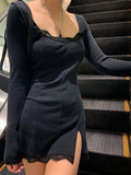 Lace Trim Sweetheart Neck Long Sleeve Bodycon Side Slit Mini Dress