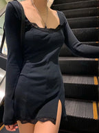 Lace Trim Sweetheart Neck Long Sleeve Bodycon Side Slit Mini Dress