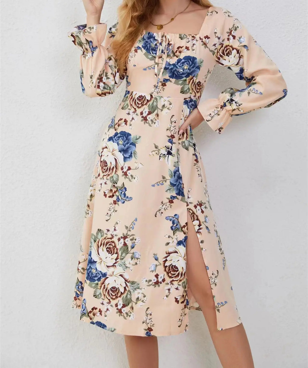 Floral Print Square Neck Tie Front Puff Sleeve High Split Midi Dress