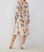 Floral Print Square Neck Tie Front Puff Sleeve High Split Midi Dress