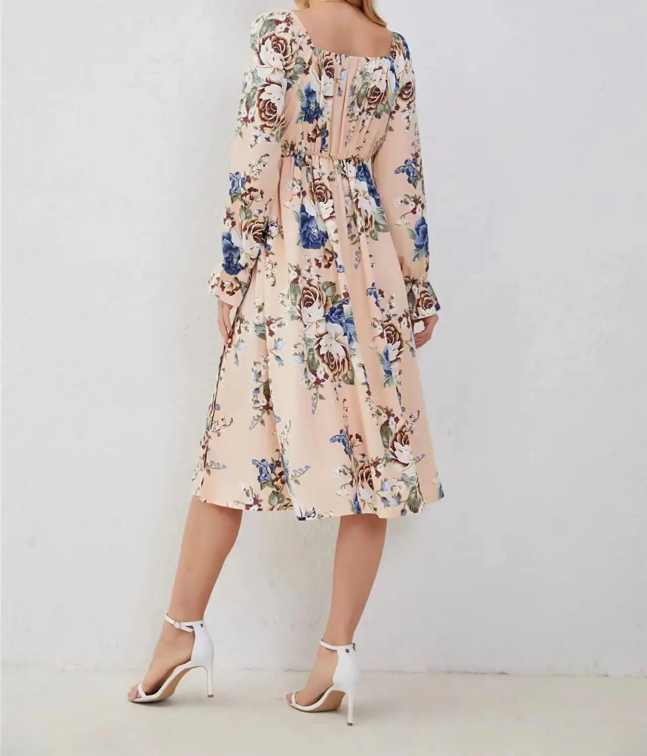 Floral Print Square Neck Tie Front Puff Sleeve High Split Midi Dress