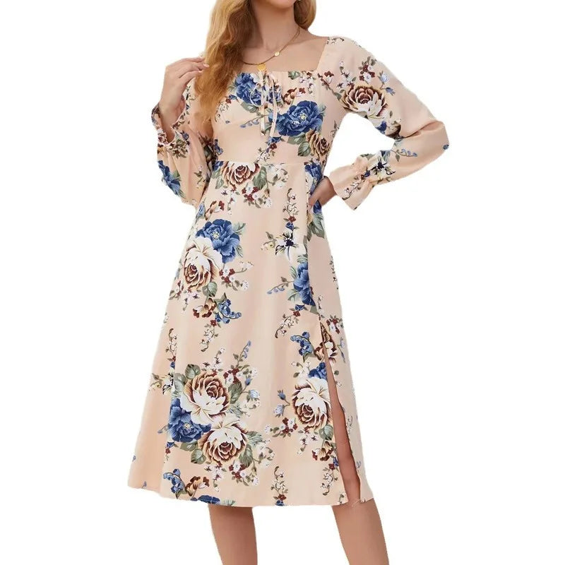 Floral Print Square Neck Tie Front Puff Sleeve High Split Midi Dress