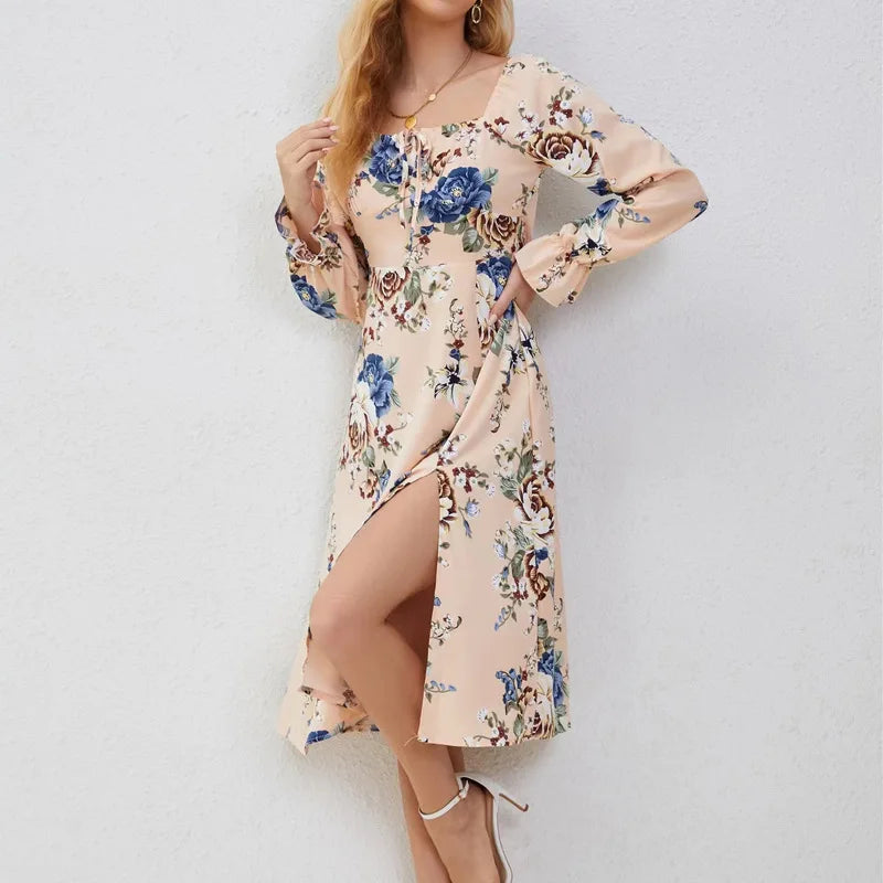 Floral Print Square Neck Tie Front Puff Sleeve High Split Midi Dress