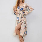 Floral Print Square Neck Tie Front Puff Sleeve High Split Midi Dress