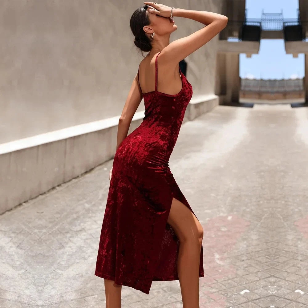 Cowl Neck Spaghetti Strap Button Detail High Slit Bodycon Midi Dress