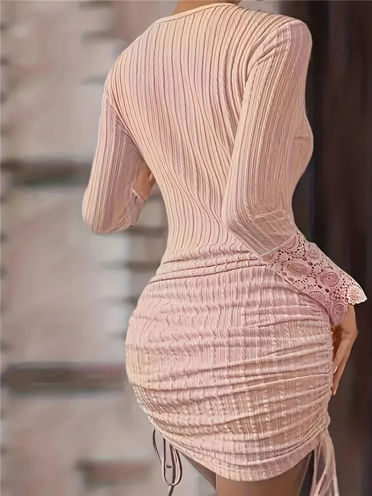 Ribbed Henley Button Lace Cuff Drawstring Ruched Bodycon Mini Dress